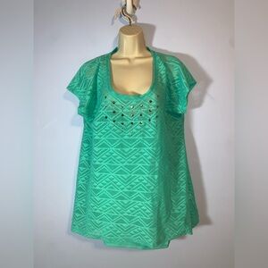 Laura Ashley sheer teal geometric aztec silver studs short sleeve size XL cami